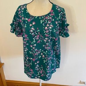 Lane Bryant teal floral ruffle sleeve short sleeve shirt 14